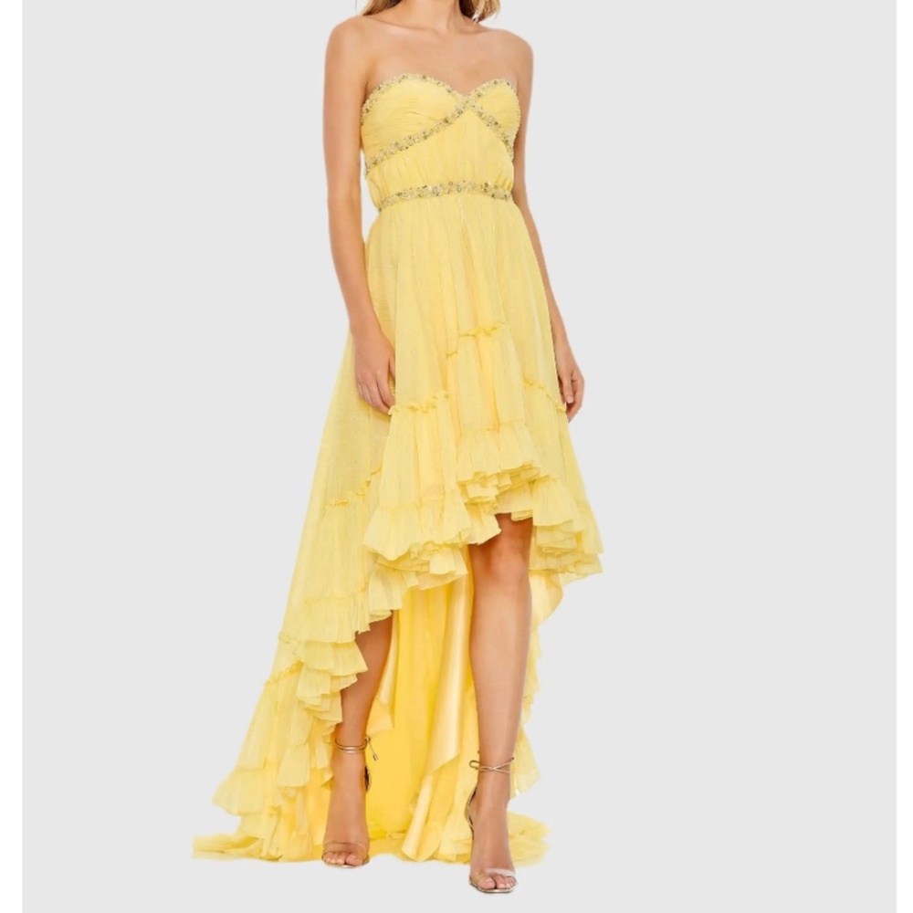 NWT | Mac Duggal 68096 Yellow Beaded Ruffle High Low Gown | Sz 2